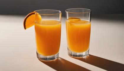 Fototapeta premium Two glasses of orange juice with orange slices in them