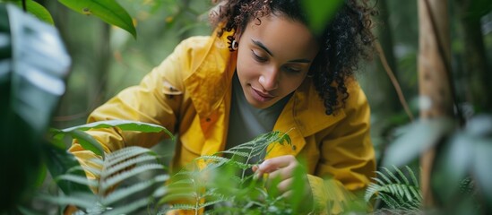 Portrait a young woman scientist examining plants in forest at sunny day. Generated AI image - obrazy, fototapety, plakaty