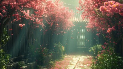 Azjatycka podwórka ze ścieżką do domu z padającymi promieniami słońca otoczona drzewami i kwiatami - obrazy, fototapety, plakaty