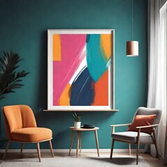 Dynamic brush strokes and vibrant colors form an abstract composition framed in minimalist style