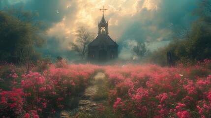 Kościół z krzyżem toczony różowymi kwiatami