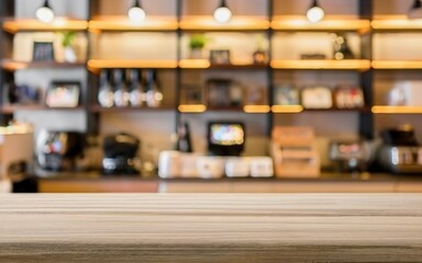 Empty top wood shelves and blurred coffee shop cafe background. product display template