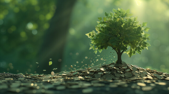 Conceptual representation of financial growth with tree sprouting from a pile of coins