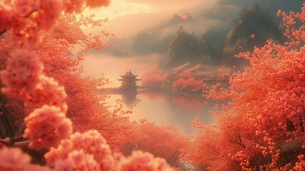 Na obrazie przedstawione jest jezioro otoczone różowymi kwiatami, rozpoczynającą się wiosną w stylu azjatyckiej natury. Tapeta