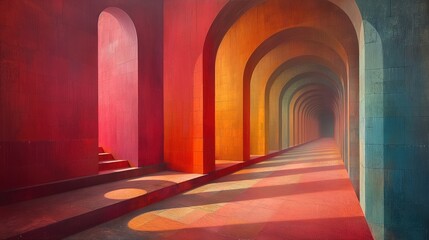 Malarstwo tunelu z czerwonymi i żółtymi ścianami - obrazy, fototapety, plakaty