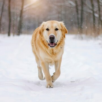 Golden retriever dog walking in winter time in snow. Adorable purebred doggy pet labrador in cold weather at nature