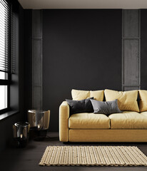 Black living room interior with yellow sofa, minimalist industrial style, 3d render