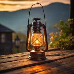 old oil lamp on a wooden background, an old kerosene lamp resting gracefully on a weathered wooden table, 