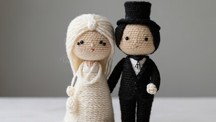 Two small knitted dolls of a bride and groom. Crochet craft handmade soft toys. - obrazy, fototapety, plakaty