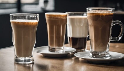 Four coffee drinks on a table