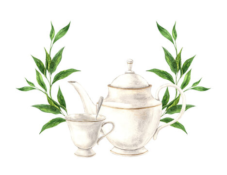 Round wreath of green tea leaves, with ceramic mug and teapot. The illustration is hand drawn on an isolated background. Drawing for menu design, packaging, poster, website, textile, brochure.