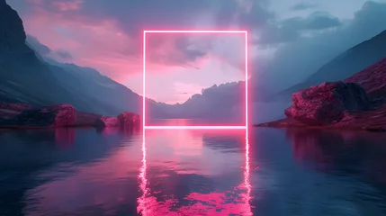Fotobehang Reflectie A pink neon rectangle is centered in the middle of a lake, reflecting off the water. The sky above is pink and purple, with clouds over a mountain range.