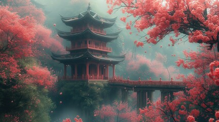 Pagoda w środku lasu z różowymi kwiatami - obrazy, fototapety, plakaty