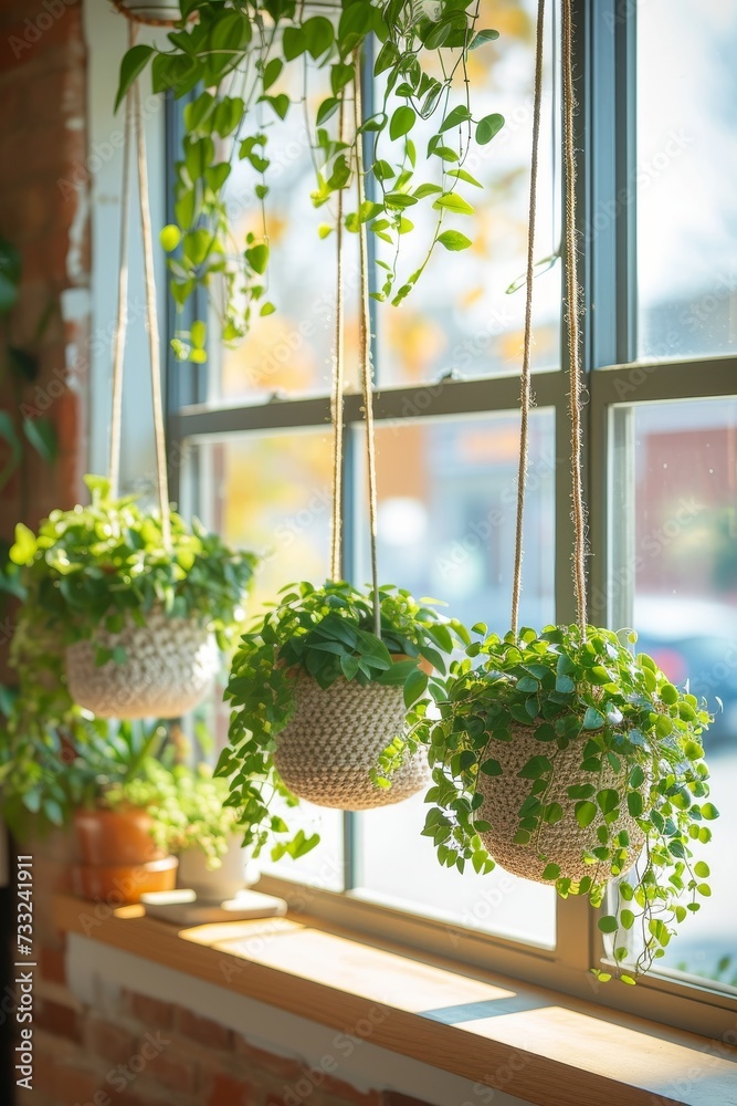 Sticker A window sill filled with various hanging plants, creating a green and vibrant display near a window.