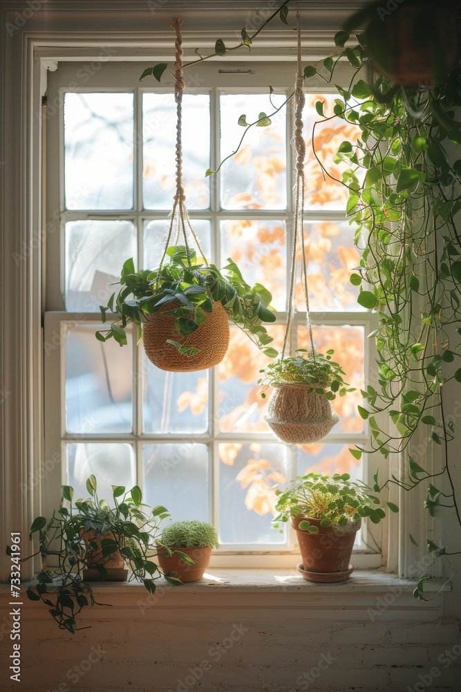 Poster a window sill adorned with an assortment of potted plants placed adjacent to a window.