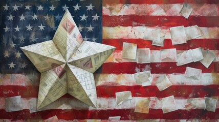 Naklejka premium Origami Star and voting ballots arranged to form a star, set against the backdrop of the American flag, symbolizing unity and the voice of the people