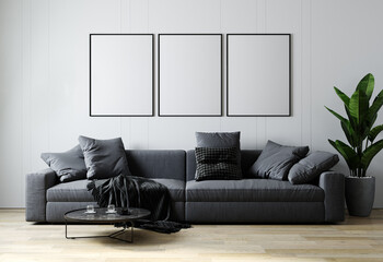 Blank poster frame mock up in scandinavian style living room interior, modern living room interior background, gray sofa and plant, 3d rendering