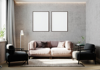 Blank poster frames mock up in light gray room interior , 3d rendering