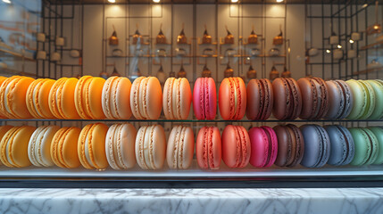 Tipici dolci francesi, macarons colorati disposti nella vetrina di una pasticceria 