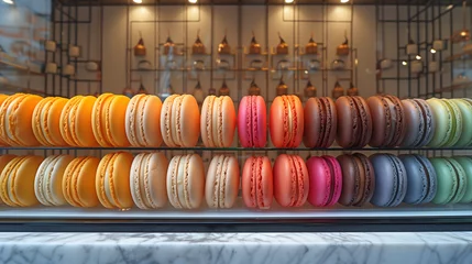 Poster Tipici dolci francesi, macarons colorati disposti nella vetrina di una pasticceria  © Wabisabi