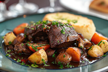 Boeuf Bourguignon, Beef stew in Burgundy. With carrots, onions, peas and champignons in wine. View from above. - obrazy, fototapety, plakaty
