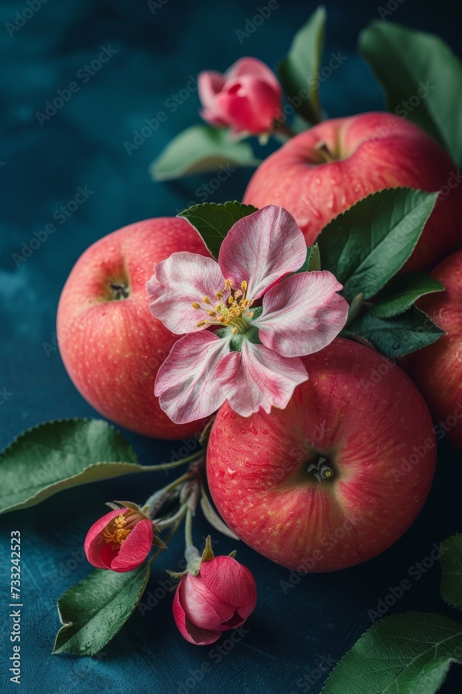 Poster a group of apples with pink flowers and leaves arranged together, creating a vibrant and colorful sc