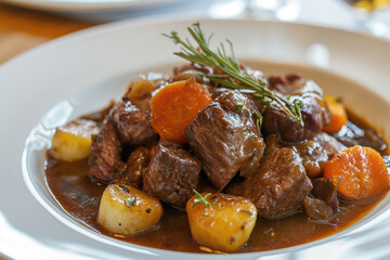Boeuf Bourguignon, Beef stew in Burgundy. With carrots, onions, peas and champignons in wine. View from above.