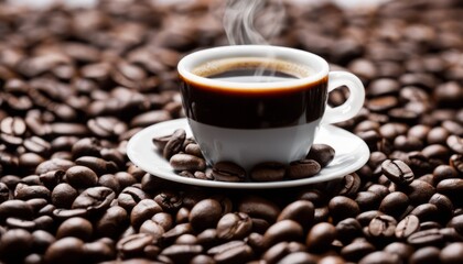 Fototapeta premium A cup of coffee sits on a saucer surrounded by coffee beans