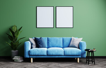 Blank vertical two frames on bright green wall in modern living room interior with blue sofa and plant, 3d rendering