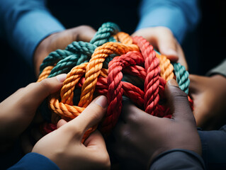 Team rope diverse strength connect partnership together teamwork unity communicate support. Strong diverse network rope team concept integrate braid color background cooperation empower power - obrazy, fototapety, plakaty