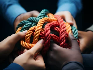 Foto op Plexiglas Team rope diverse strength connect partnership together teamwork unity communicate support. Strong diverse network rope team concept integrate braid color background cooperation empower power © Ekaterina