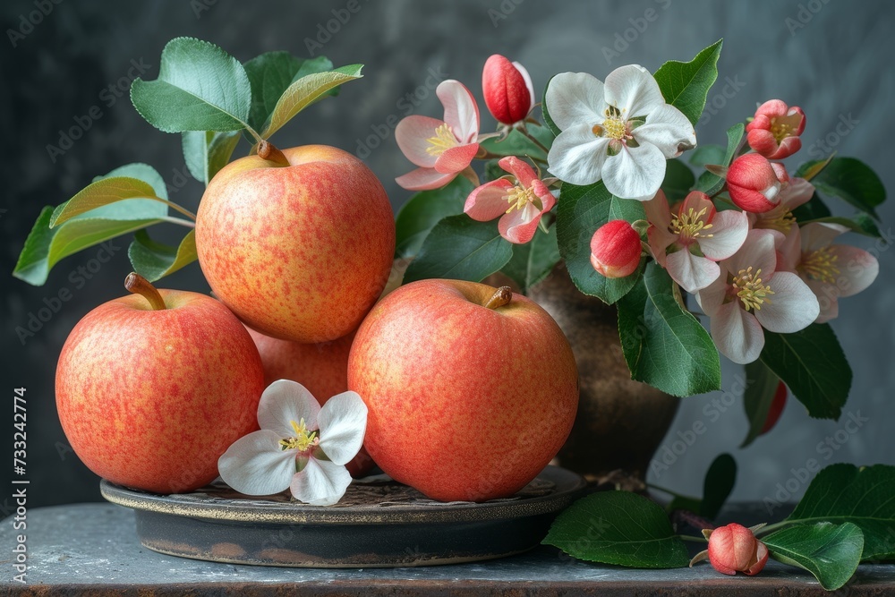 Poster red apples and flowers arranged on a table.