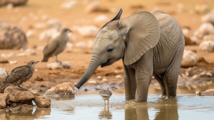 Young Elephant Splashing Water with Birds Flying Around