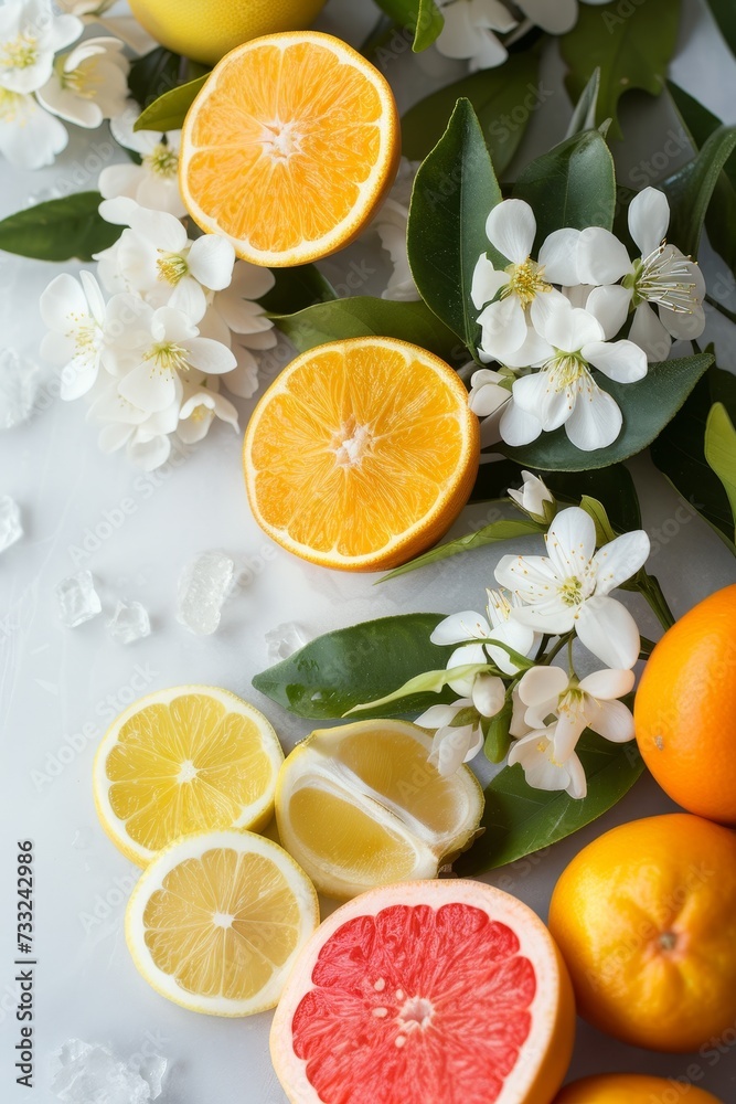 Sticker Fresh Citrus Fruits and Pink Flowers on a whiteb Background