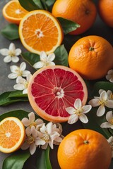 Fresh Citrus Fruits and Pink Flowers on a Vibrant Background