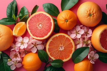 Fresh Citrus Fruits and Pink Flowers on a Vibrant Background