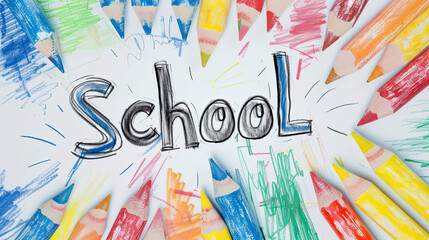 Handwritten "School" text written with crayon or colored pencils