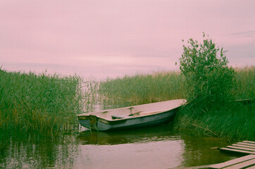 Obraz premium Boat in summer thickets on the lake shore - film photo 
