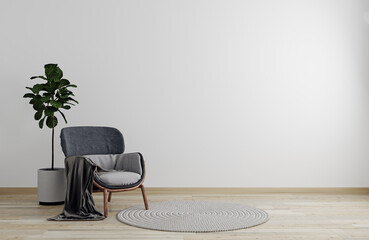 bright room with white wall and moderm furniture in Scandinavian style for mockup. Living room for...