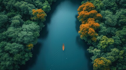 Widok z lotu ptaka łodzi na rzece otoczonej drzewami