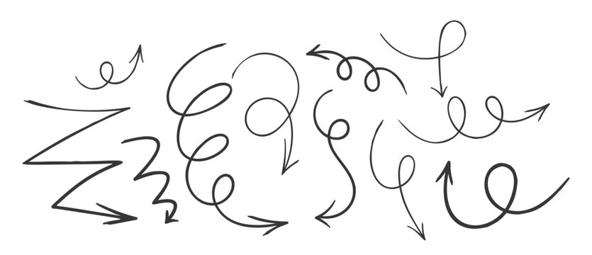 Playful Collection Of Hand-drawn Arrows, Featuring Various Styles Such As Curly, Straight, Zigzag, And Looped Elements