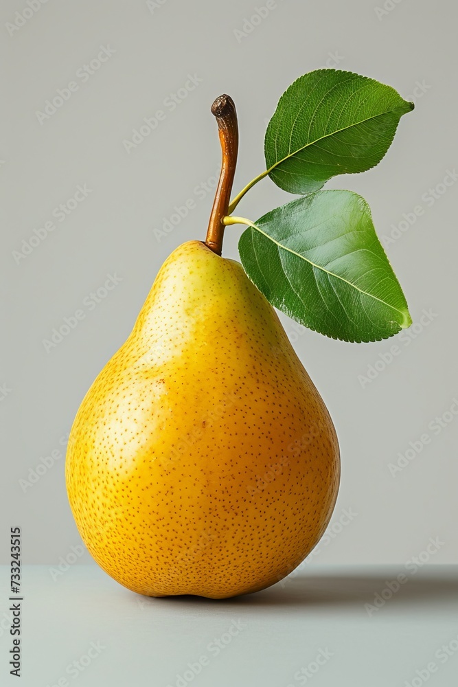 Aufkleber a ripe yellow pear with a green leaf positioned on top of it.