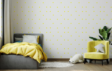 Bright yellow children room interior mockup. 3d rendering