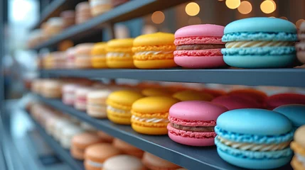 Gordijnen Tipici dolci francesi, macarons colorati disposti nella vetrina di una pasticceria  © Wabisabi