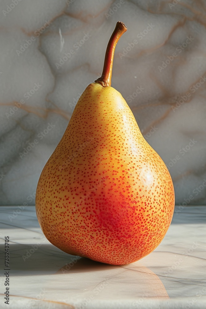 Sticker A single ripe pear sits atop a smooth marble countertop in this simple and elegant composition.