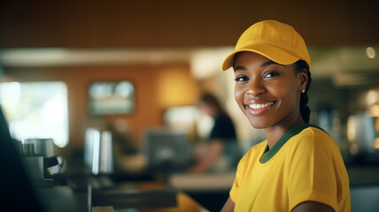 Portrait of a young woman in a yellow uniform at the workplace.