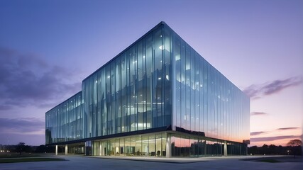 Obraz premium Glass-fronted modern office building at dusk, Modern Office Building with Glass Frontage, Glass-Fronted Office Building in Modern Cityscape,