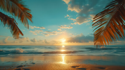 A tranquil beach scene, with golden sands stretching into the distance, framed by gently swaying palm trees