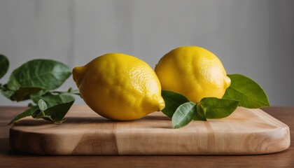 Two lemons on a wooden cutting board