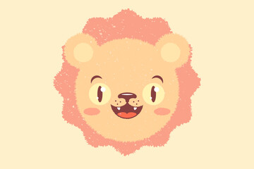 Vector illustration of head of a lion for children. Vector icon of kawaii lion for kids party. Baby lion emoji in retro style.